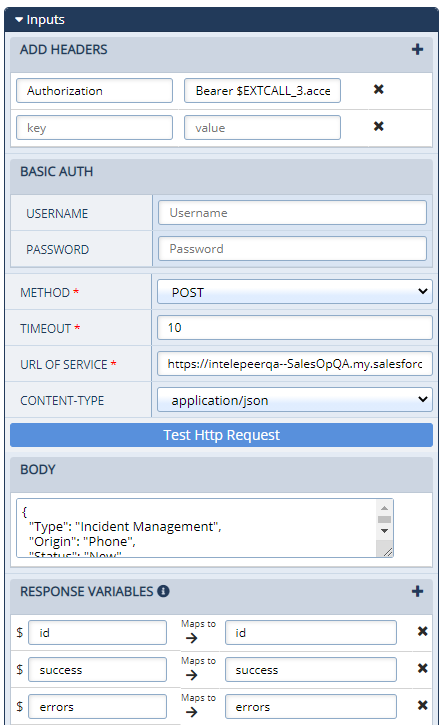 The configurations panel for an External Web Call action is shown, with sample values in each field
